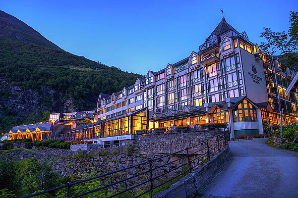 Wall Art featuring the photograph Hotel Union Bad And Spa In Geiranger, Norway, Viewed At Dusk by Miroslav Liska
