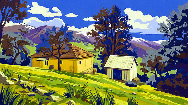House in the mountains in early spring - pop art style painting by Nicko Prints