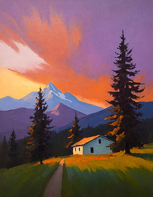 Mountain Wall Art featuring the digital art House In The Mountains Near Fir Trees Under A Beautiful Purple Sunset Sky - Painting by Nicko Prints