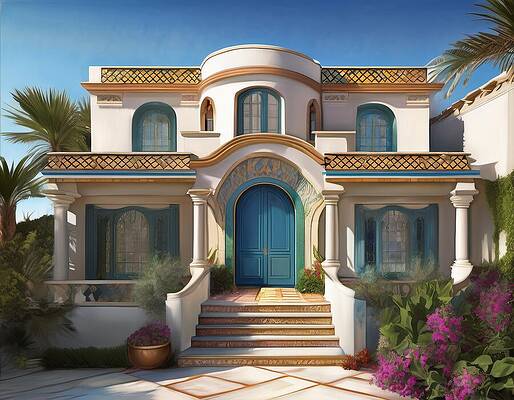Architecture Wall Art featuring the digital art House With Gold Trim And Fuchsia Flowers by Eris And AI