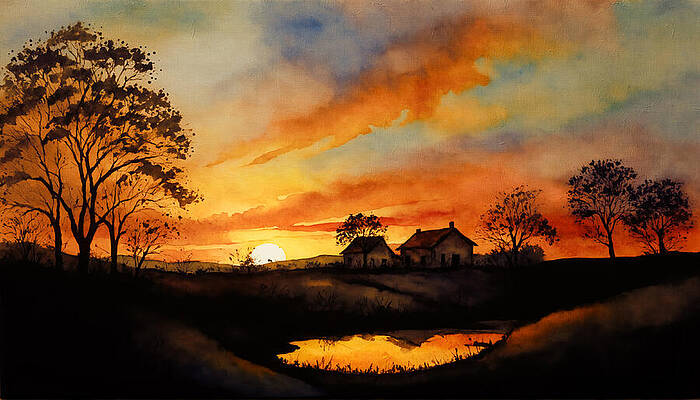 Mountain Wall Art featuring the digital art Houses And Silhouettes Of Trees In The Sunset Light - Watercolor Painting by Nicko Prints