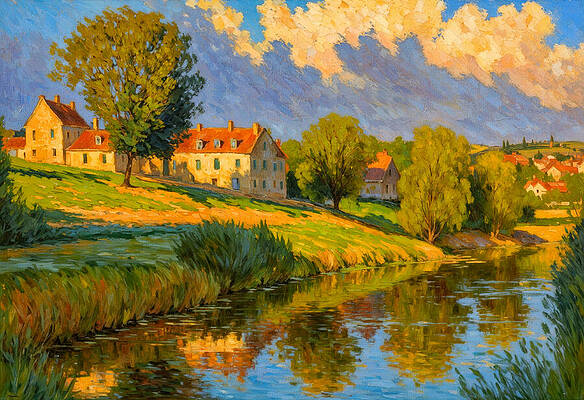 Nature Digital Art - Houses And Trees By The River - Impressionist Painting by Nicko Prints