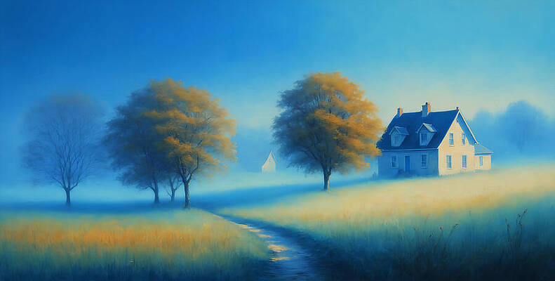 Nature Digital Art - Houses And Trees In The Morning Fog - Digital Painting In Blue And Green Hues by Nicko Prints