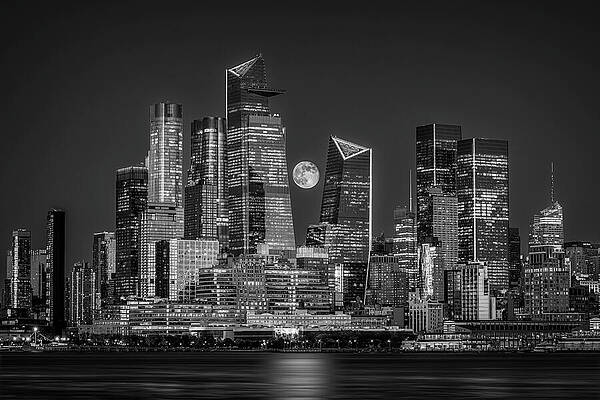 Wall Art featuring the photograph Hudson Yards NYC Moonrise BW by Susan Candelario