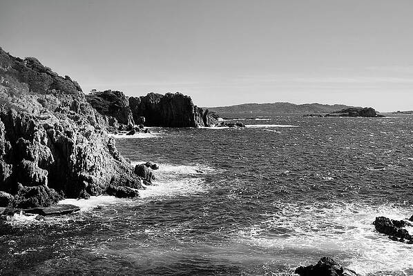 Hyeres, Giens, France, Mediterranean Sea, rocky coastline black and white by Severija Kirilovaite