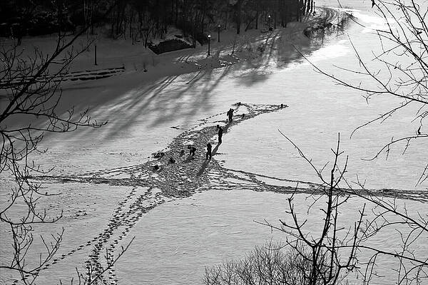 Wall Art featuring the photograph Ice Fishing In Ottawa, Canada - Black And White by Tatiana Travelways