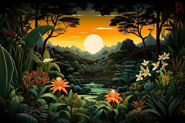 Serene Digital Art - Impressionist Style Painting Of The Amazon Rainforest At Sunrise No 1 by Andre Petrov