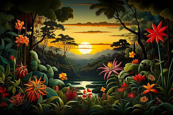 Serene Digital Art - Impressionist Style Painting Of The Amazon Rainforest At Sunrise No 3 by Andre Petrov