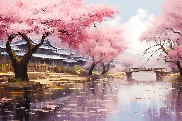 Serene Digital Art - Impressionist Style Sakura Blossoms In Japan No 3 by Andre Petrov