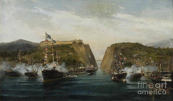 Historical Wall Art featuring the digital art Inauguration Of Corinth Canal by Antonios Valamontes