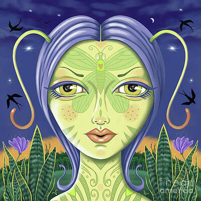 Insects Wall Art featuring the digital art Insect Girl, Antennette With Spider Plants by Valerie White