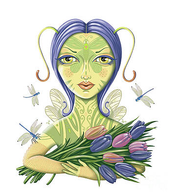 Insects Wall Art featuring the digital art Insect Girl, Antennette With Tulips by Valerie White