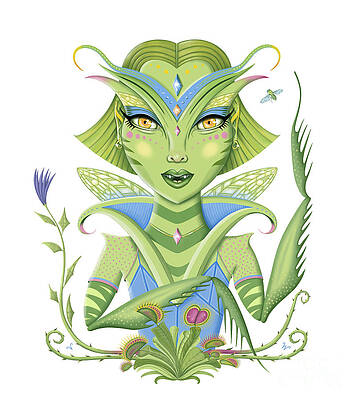 Insects Wall Art featuring the digital art Insect Girl, MantisAnne With Venus Fly Traps by Valerie White