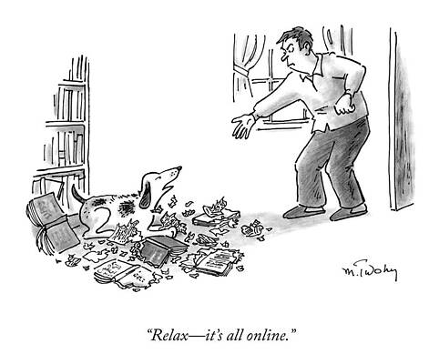 Dog Scattering Papers in Library Drawing