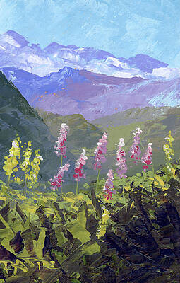 Trail Wall Art featuring the painting Jackson Glacier And Wildflowers by Raette Meredith