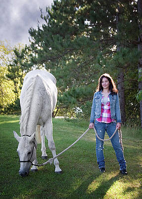 Woman Walking with White Horse Wall Art