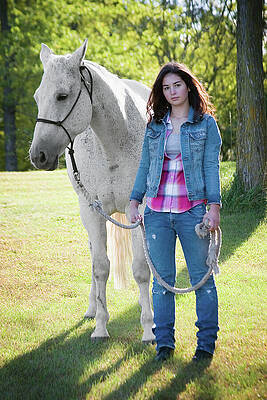 Young Woman and Horse in Pasture Wall Art