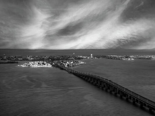 Wall Art featuring the photograph Jersey Shore Seaside Bridge Aerial BW by Susan Candelario