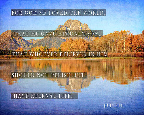 Reflection Wall Art featuring the mixed media John 316 Bible Quote Mountain Reflection by Dan Sproul