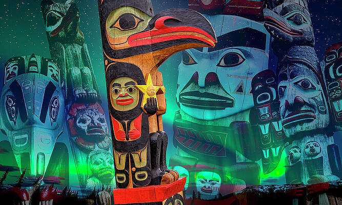 Vibrant Totem Poles and Auroras Wall Art