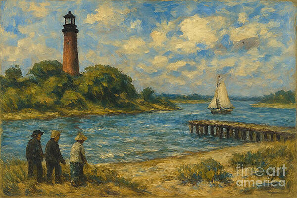 Lighthouse Overlooking a Sailboat Wall Art