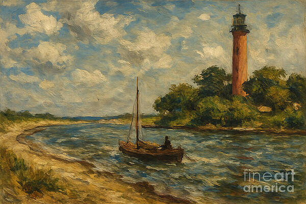 Serene River and Lighthouse Scene Wall Art