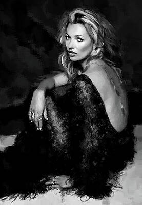Dramatic Digital Art - Kate Moss, Seated BW by Gradify Creations