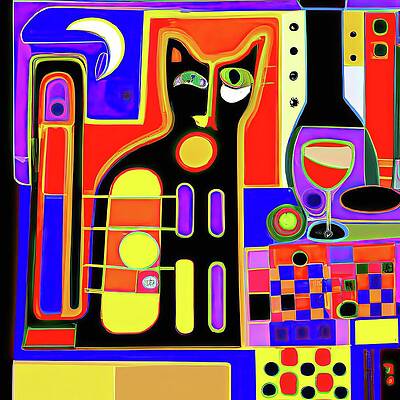 Colorful Geometric Cat Composition Wall Art