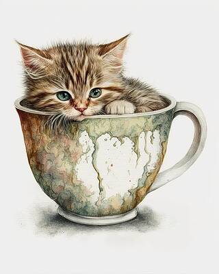 Portrait Painting - Kitten In A Teacup by Land of Dreams