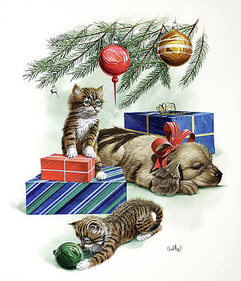 Tree Painting - Kittens And Puppy Under Christmas Tree by Don Balke