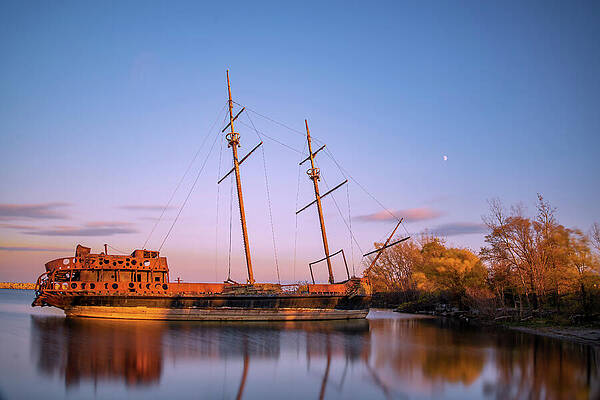 Sunset Photograph - La Grande Hermine In Jordan Harbour At Sunset 4 by John Twynam