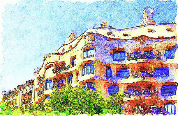 Wall Art featuring the mixed media La Pedrera Gaudi, Barcelona by Tatiana Travelways