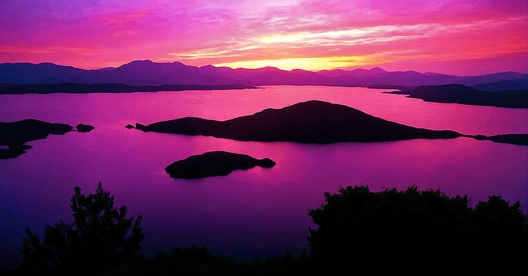 Wall Art featuring the digital art Lake Mathews, California, At Sunset - Digital Painting by Nicko Prints