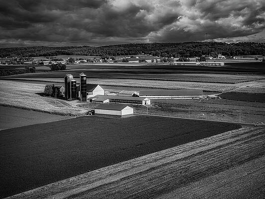 Country Photograph - Lancaster PA Red Barn And Silos BW by Susan Candelario