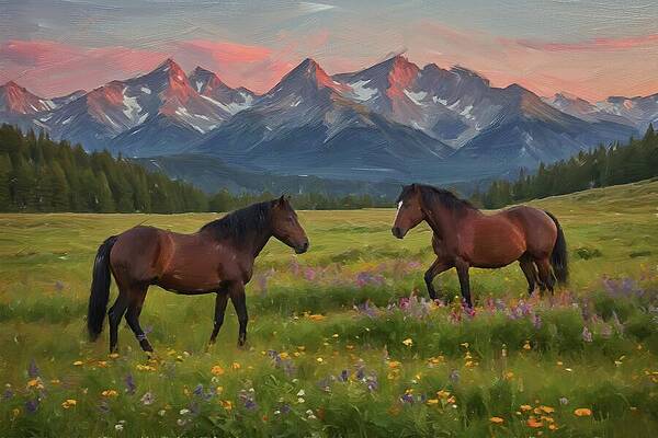 Wildlife Digital Art - Landscape Painting Of 2 Horses In A Vibrant Springtime Meadow by Nature Oil Painting