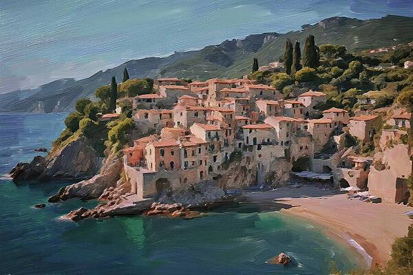 Serene Digital Art - Landscape Painting Of A Artistic Seaside Village by Nature Oil Painting