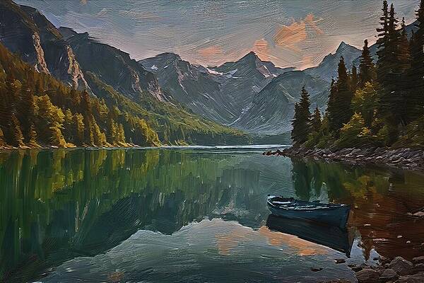 Serene Digital Art - Landscape Painting Of A Calm Mountain Lake by Nature Oil Painting