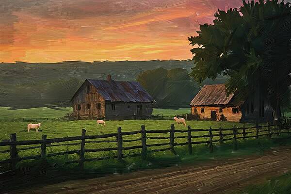 Tree Digital Art - Landscape Painting Of A Charming Rural Farm by Nature Oil Painting