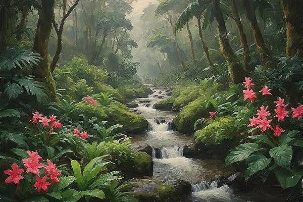 Serene Digital Art - Forest Oil Painting In Canvas by Nature Oil Painting