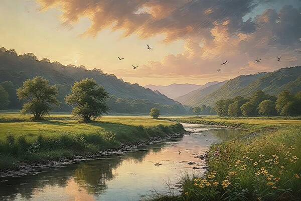 Tree Digital Art - Calm River Oil Painting by Nature Oil Painting