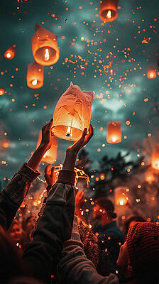Sky Wall Art featuring the photograph Lantern Festival Night Celebration by Printed View