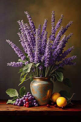 Still Life Digital Art - Lavender Wall Art Vintage Still Life by Nature Oil Painting