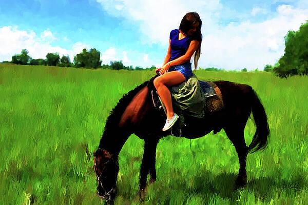 Woman Digital Art - Leisure With Grazing Horse by Gradify Creations