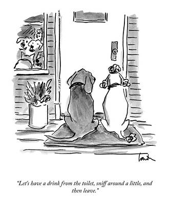 Dogs Awaiting Adventure Outside Door Drawing