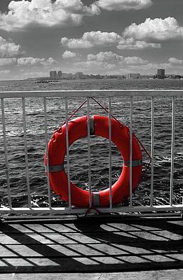 Photograph - Lifebuoy On A Pier In Mamaia, Romania - Black And White With Isolated Color by Nicko Prints