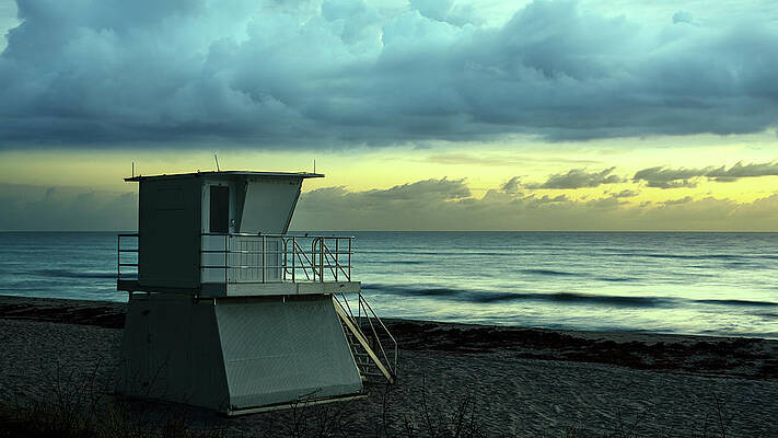 Moody Wall Art featuring the photograph Lifeguard Tower At Dawn by Laura Fasulo