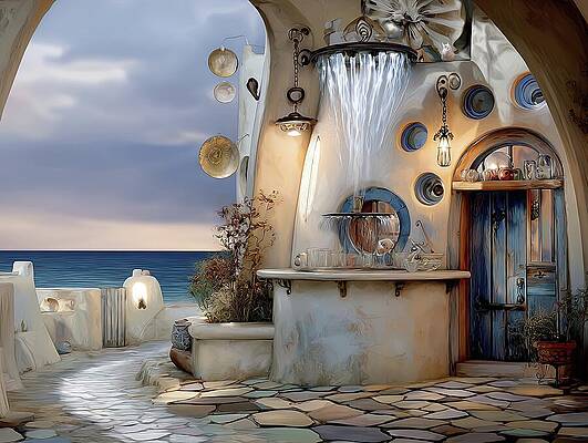 Charming Seaside Patio at Sunset Digital Art