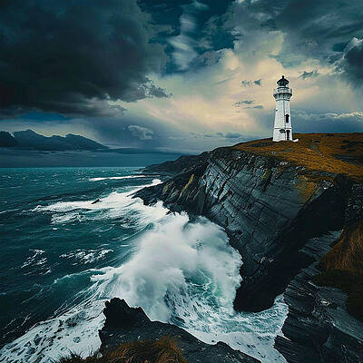 Dramatic Wall Art featuring the photograph Lighthouse With Dramatic Coastline And Storm Clouds by Printed View