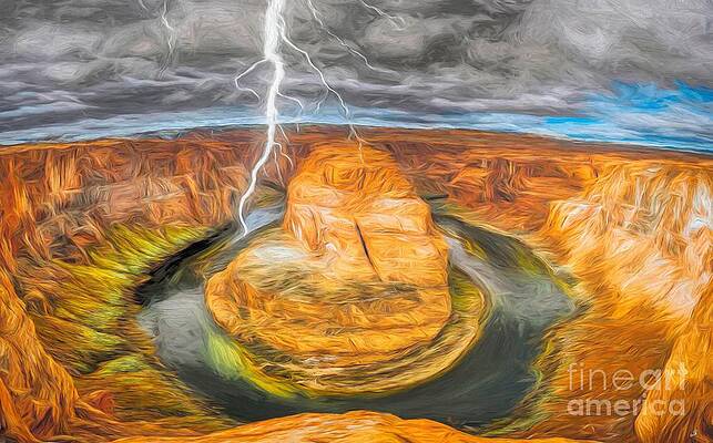 Sunset Painting - Lightning Over Landscape Of  Colorado River And Horseshoe Bend - Arizona USA by Stefano Senise