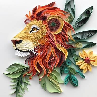 Artistic Digital Art - Lion With Leaves And Flowers Paper Quilling by Andre Petrov